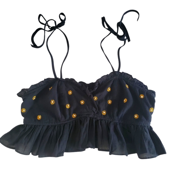 🔥FREE PEOPLE Intimately Free On A Star‎ Black Rhinestone Ruffle Cropped Cami  S - Picture 3 of 11